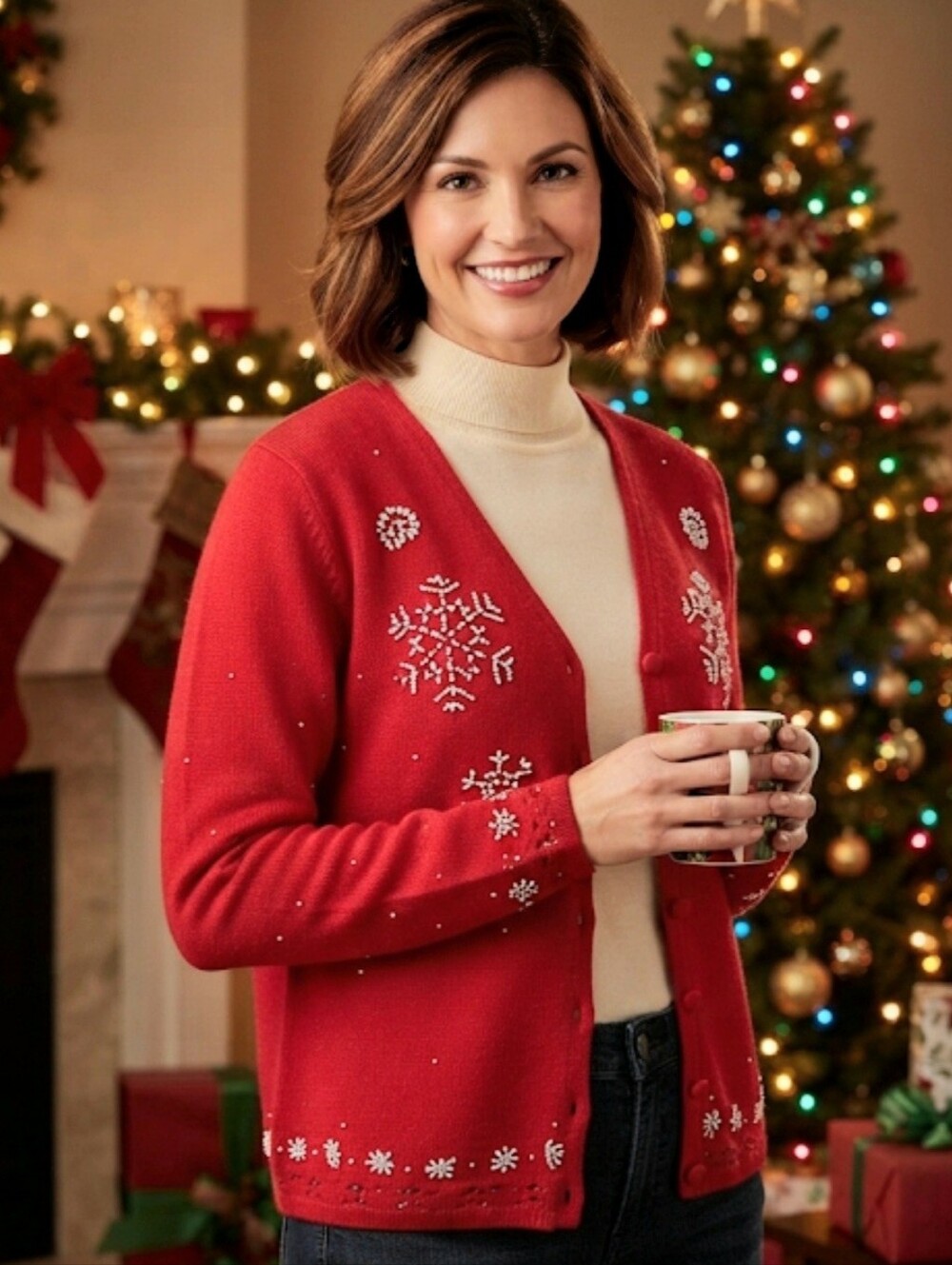 Designers Originals Christmas Sweater Red Beaded Snowflakes Button Front Size LP